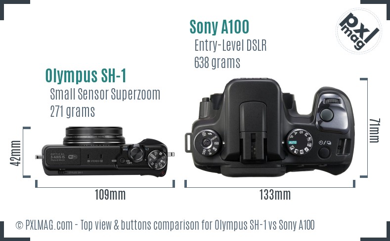 Olympus SH-1 vs Sony A100 top view buttons comparison