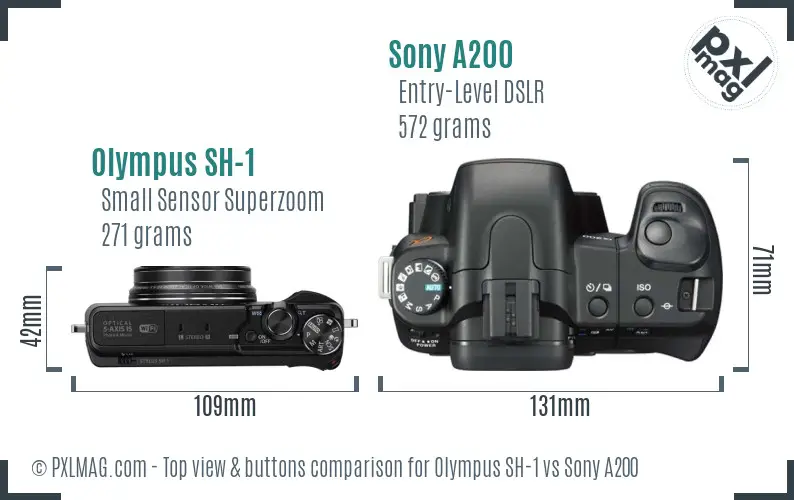 Olympus SH-1 vs Sony A200 top view buttons comparison