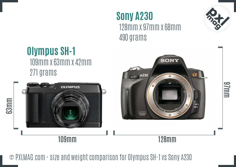 Olympus SH-1 vs Sony A230 size comparison
