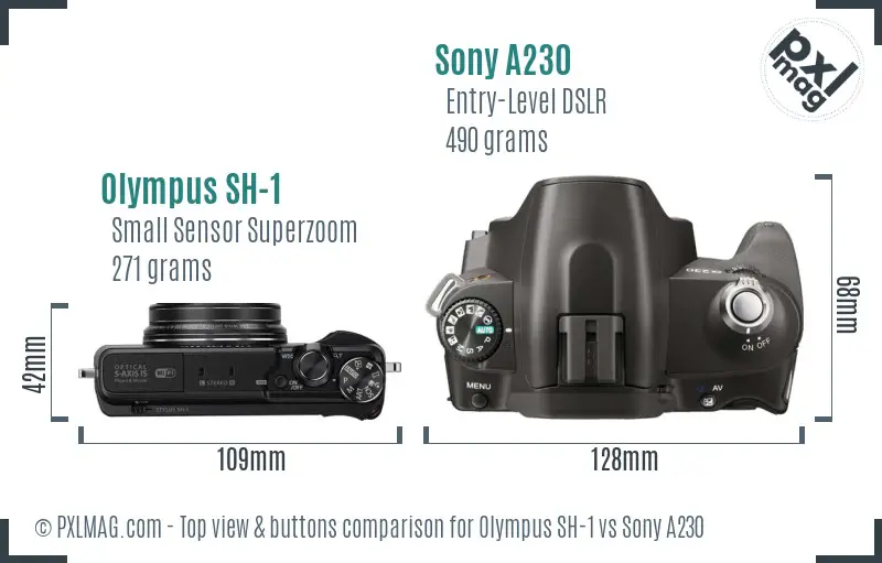Olympus SH-1 vs Sony A230 top view buttons comparison