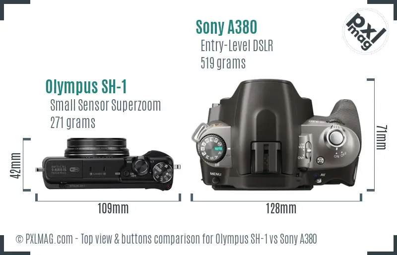 Olympus SH-1 vs Sony A380 top view buttons comparison