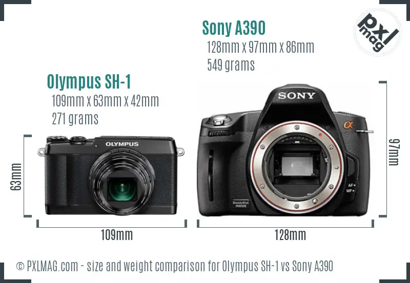 Olympus SH-1 vs Sony A390 size comparison