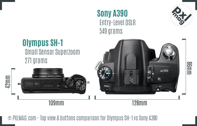 Olympus SH-1 vs Sony A390 top view buttons comparison