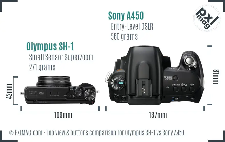 Olympus SH-1 vs Sony A450 top view buttons comparison