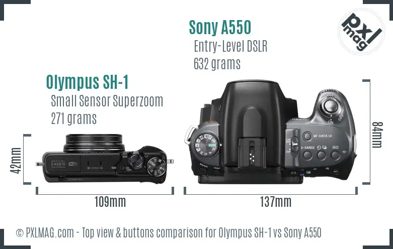 Olympus SH-1 vs Sony A550 top view buttons comparison