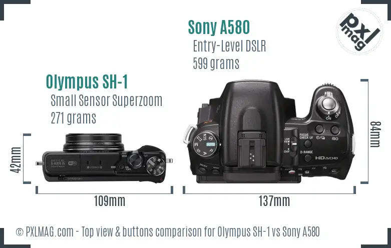 Olympus SH-1 vs Sony A580 top view buttons comparison