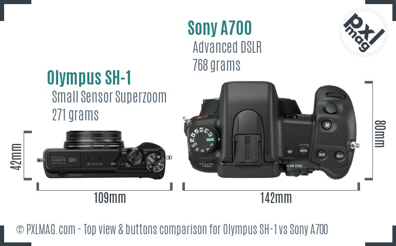 Olympus SH-1 vs Sony A700 top view buttons comparison