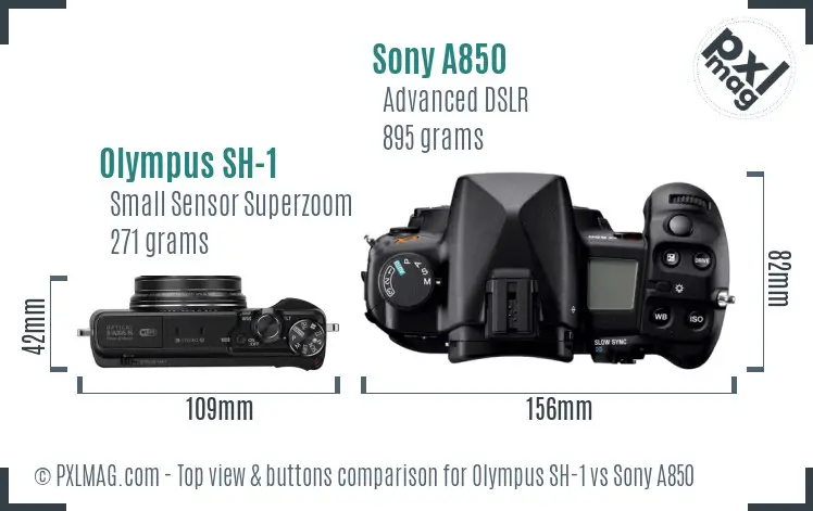 Olympus SH-1 vs Sony A850 top view buttons comparison