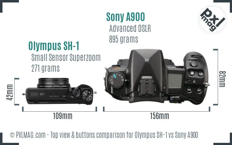 Olympus SH-1 vs Sony A900 top view buttons comparison
