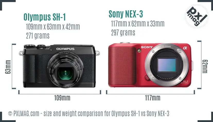 Olympus SH-1 vs Sony NEX-3 size comparison