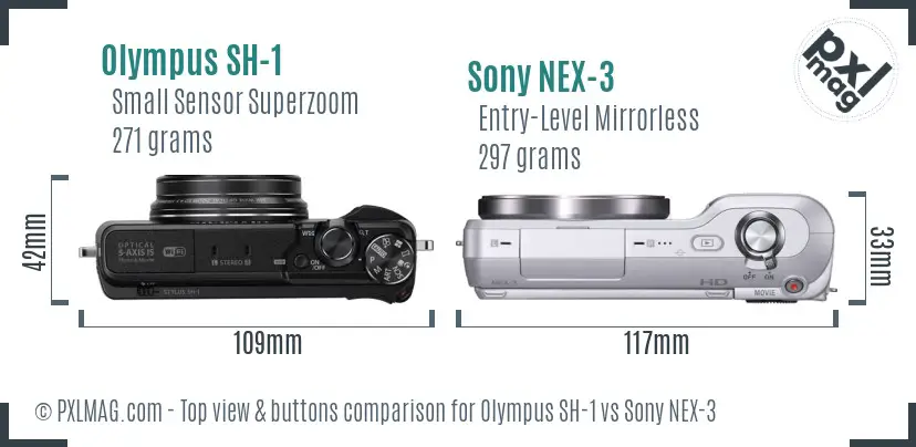 Olympus SH-1 vs Sony NEX-3 top view buttons comparison