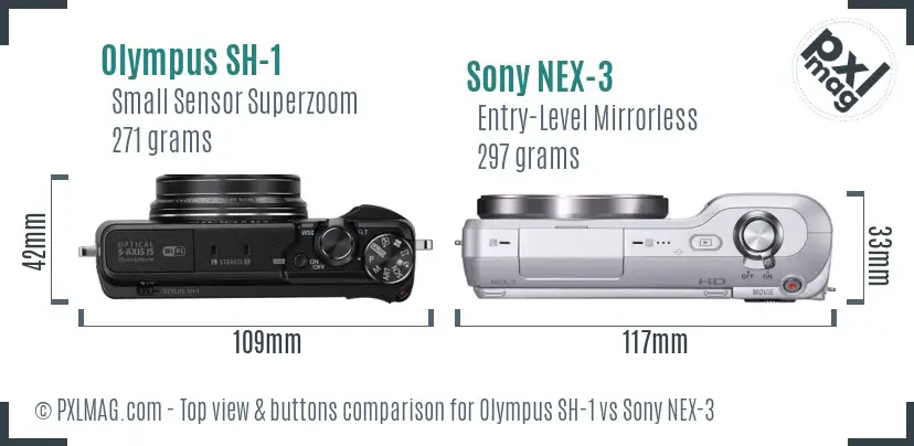 Olympus SH-1 vs Sony NEX-3 top view buttons comparison Olympus SH-1 vs Sony NEX-3 top view buttons comparison