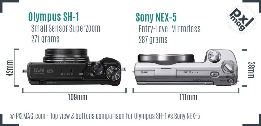 Olympus SH-1 vs Sony NEX-5 top view buttons comparison