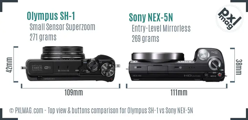 Olympus SH-1 vs Sony NEX-5N top view buttons comparison