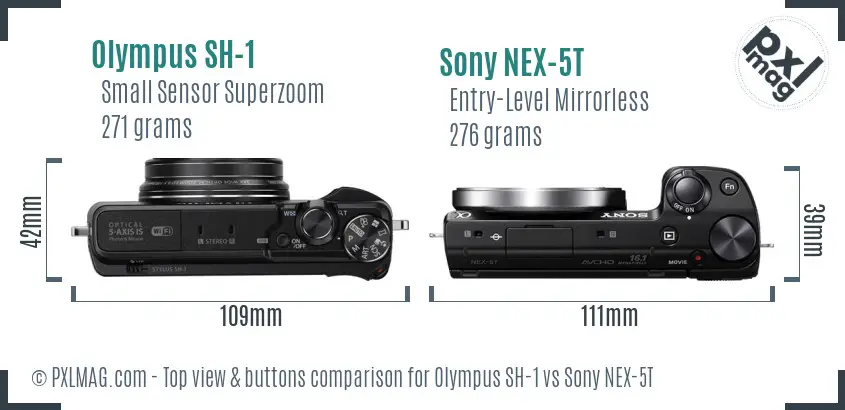 Olympus SH-1 vs Sony NEX-5T top view buttons comparison
