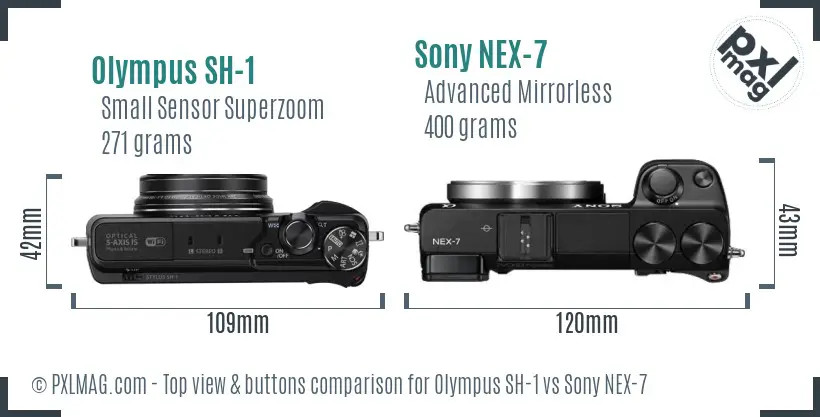 Olympus SH-1 vs Sony NEX-7 top view buttons comparison