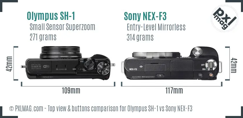 Olympus SH-1 vs Sony NEX-F3 top view buttons comparison