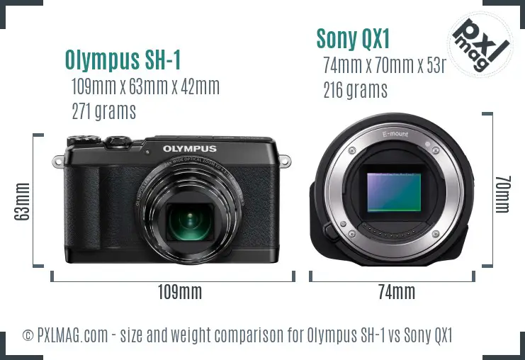 Olympus SH-1 vs Sony QX1 size comparison