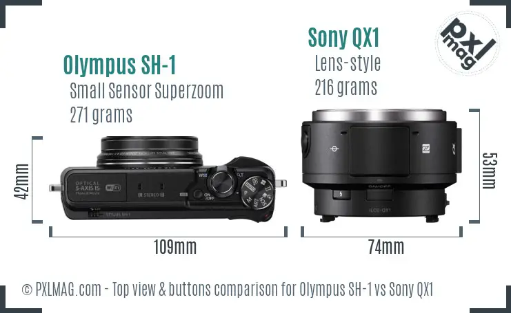 Olympus SH-1 vs Sony QX1 top view buttons comparison