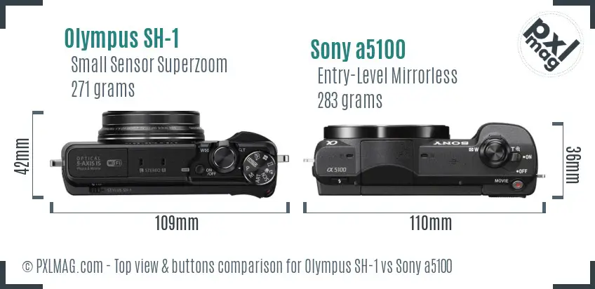 Olympus SH-1 vs Sony a5100 top view buttons comparison