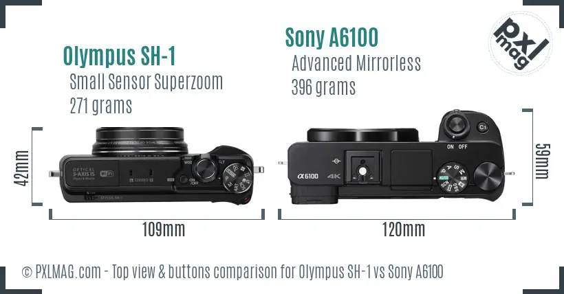 Olympus SH-1 vs Sony A6100 top view buttons comparison