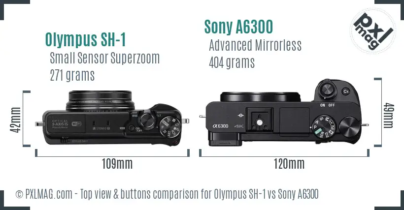 Olympus SH-1 vs Sony A6300 top view buttons comparison