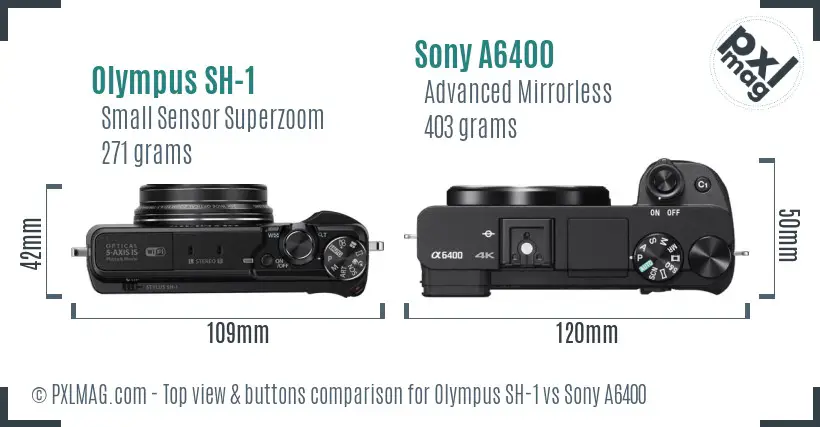 Olympus SH-1 vs Sony A6400 top view buttons comparison