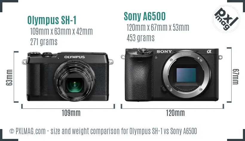 Olympus SH-1 vs Sony A6500 size comparison