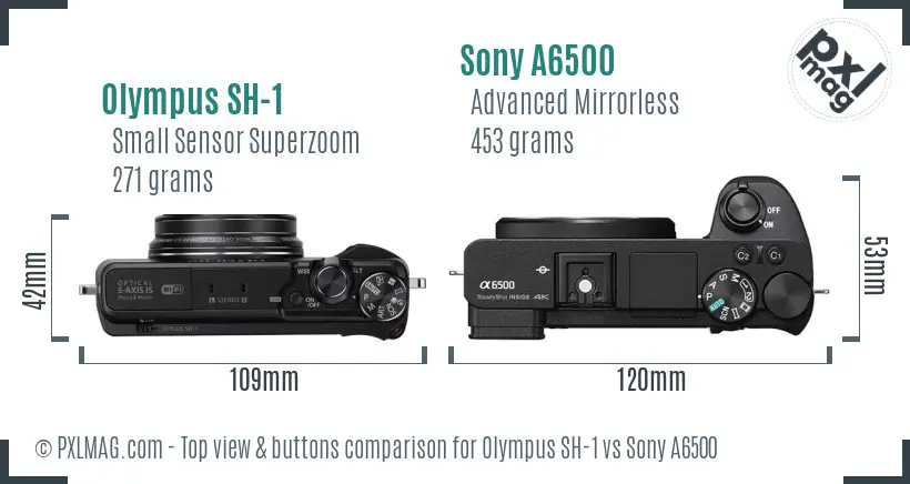 Olympus SH-1 vs Sony A6500 top view buttons comparison