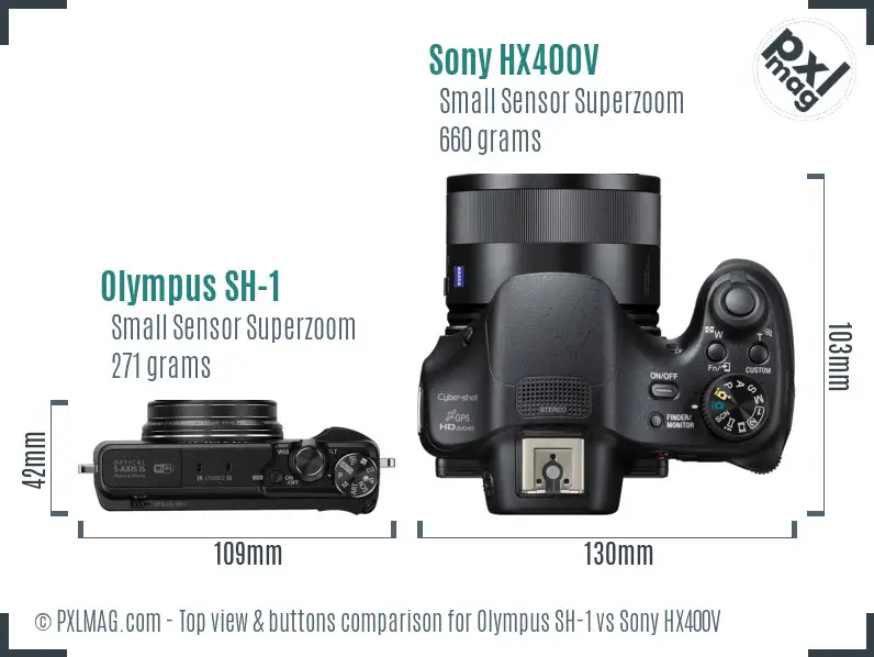 Olympus SH-1 vs Sony HX400V top view buttons comparison
