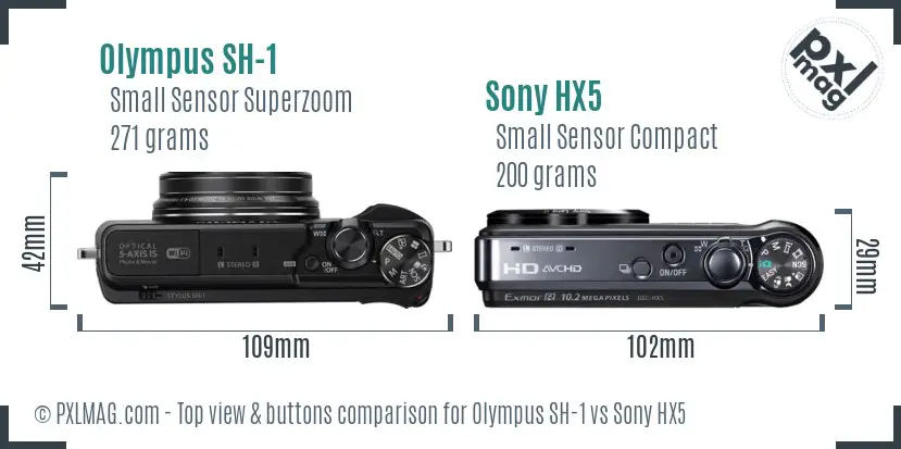 Olympus SH-1 vs Sony HX5 top view buttons comparison