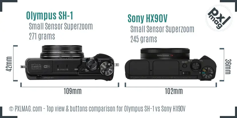 Olympus SH-1 vs Sony HX90V top view buttons comparison