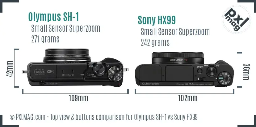 Olympus SH-1 vs Sony HX99 top view buttons comparison