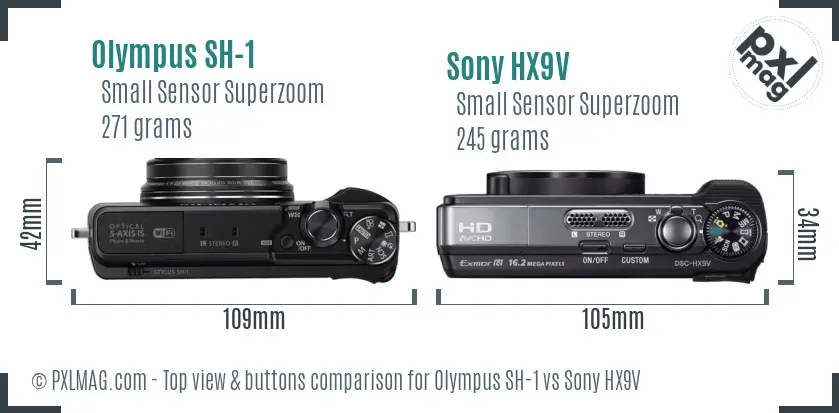 Olympus SH-1 vs Sony HX9V top view buttons comparison