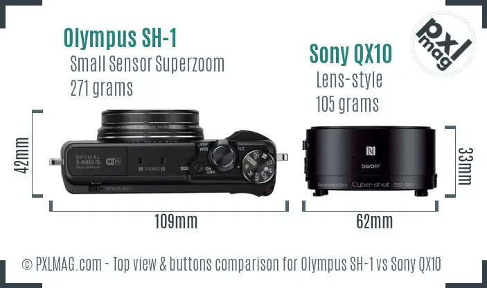 Olympus SH-1 vs Sony QX10 top view buttons comparison