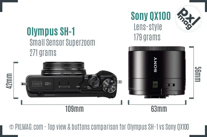 Olympus SH-1 vs Sony QX100 top view buttons comparison Olympus SH-1 vs Sony QX100 top view buttons comparison