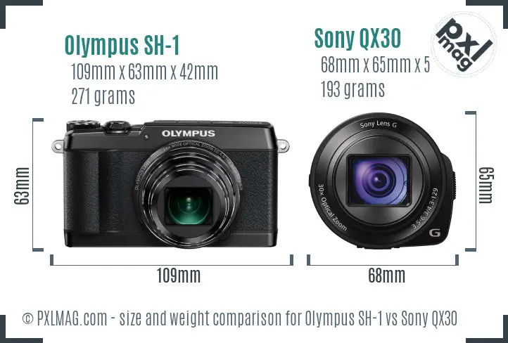 Olympus SH-1 vs Sony QX30 size comparison