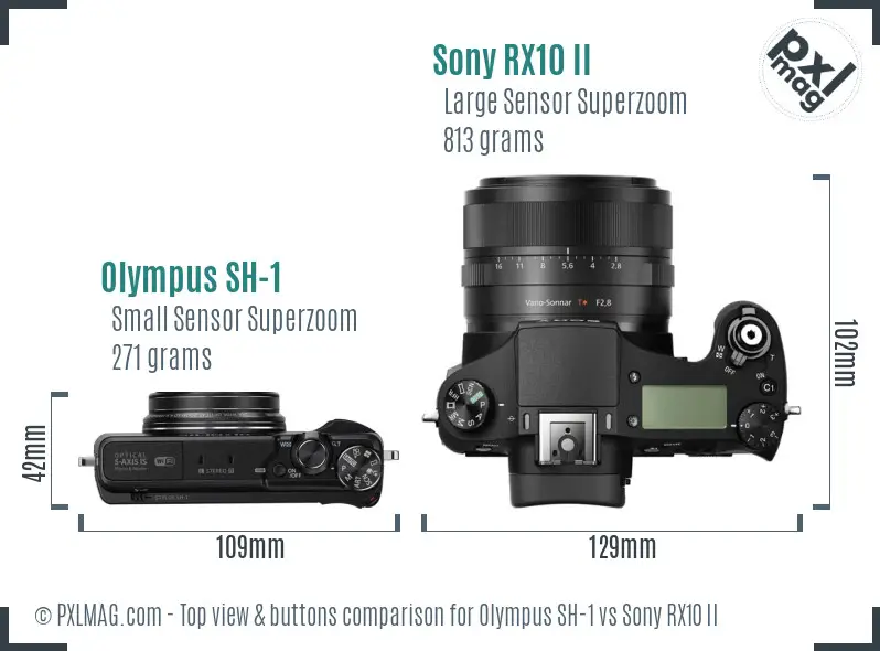 Olympus SH-1 vs Sony RX10 II top view buttons comparison