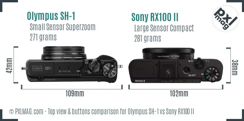Olympus SH-1 vs Sony RX100 II top view buttons comparison
