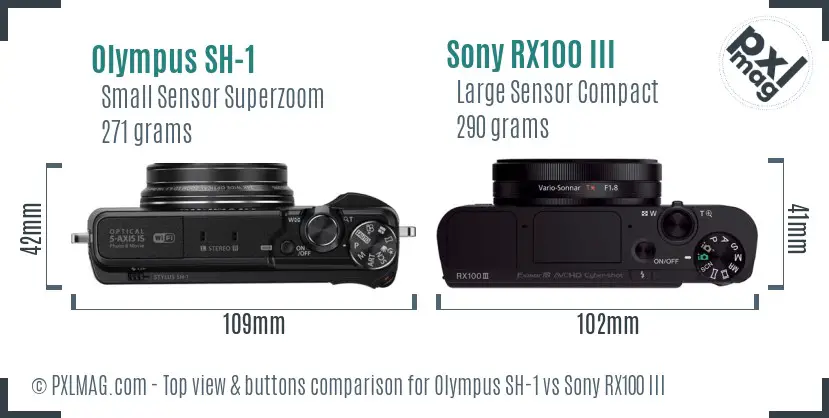 Olympus SH-1 vs Sony RX100 III top view buttons comparison