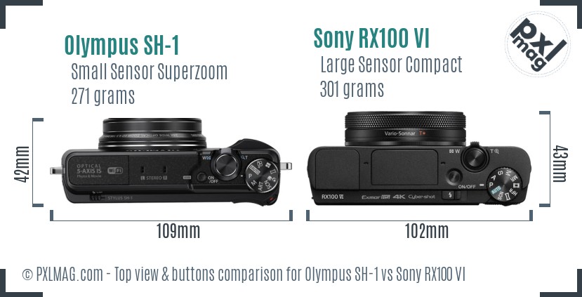 Olympus SH-1 vs Sony RX100 VI top view buttons comparison