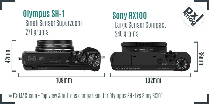 Olympus SH-1 vs Sony RX100 top view buttons comparison