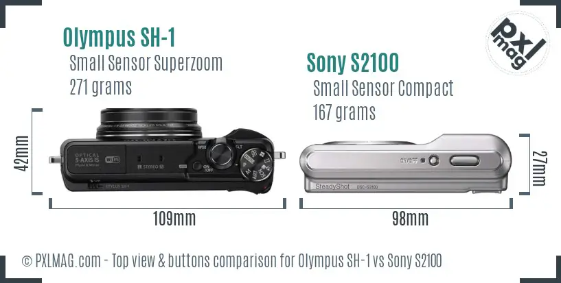 Olympus SH-1 vs Sony S2100 top view buttons comparison