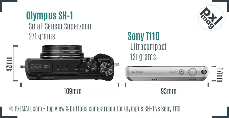 Olympus SH-1 vs Sony T110 top view buttons comparison