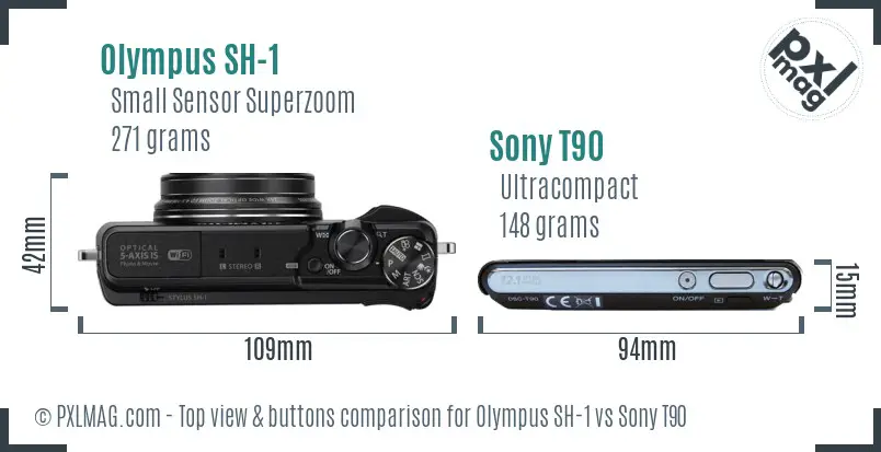 Olympus SH-1 vs Sony T90 top view buttons comparison Olympus SH-1 vs Sony T90 top view buttons comparison