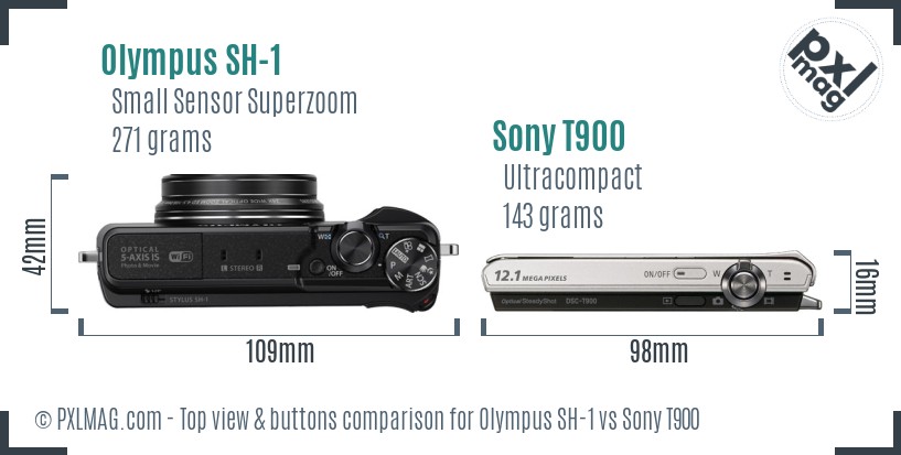 Olympus SH-1 vs Sony T900 top view buttons comparison
