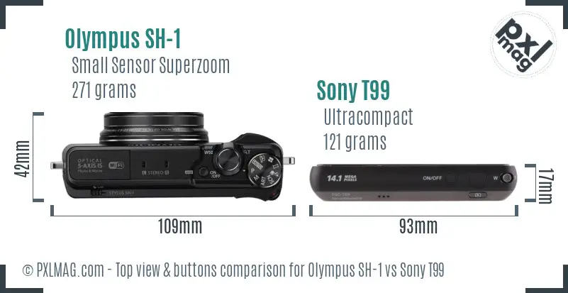 Olympus SH-1 vs Sony T99 top view buttons comparison