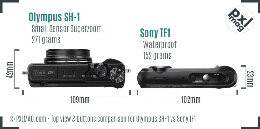 Olympus SH-1 vs Sony TF1 top view buttons comparison Olympus SH-1 vs Sony TF1 top view buttons comparison