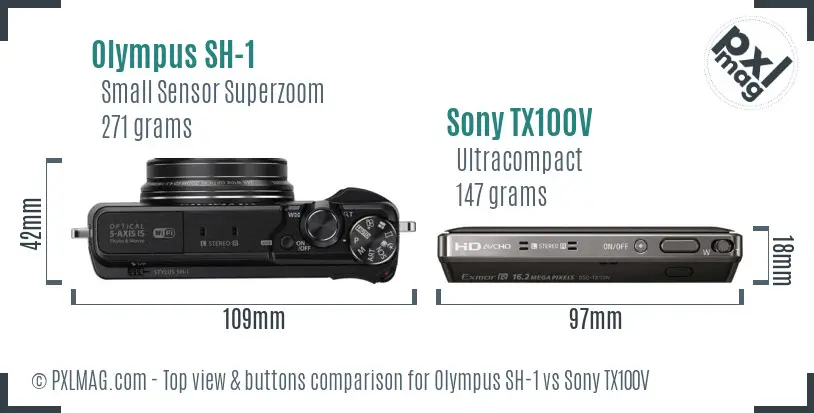 Olympus SH-1 vs Sony TX100V top view buttons comparison