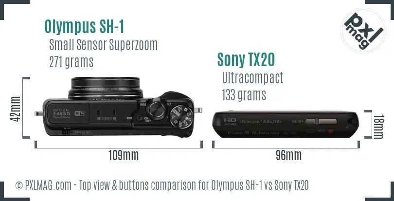 Olympus SH-1 vs Sony TX20 top view buttons comparison